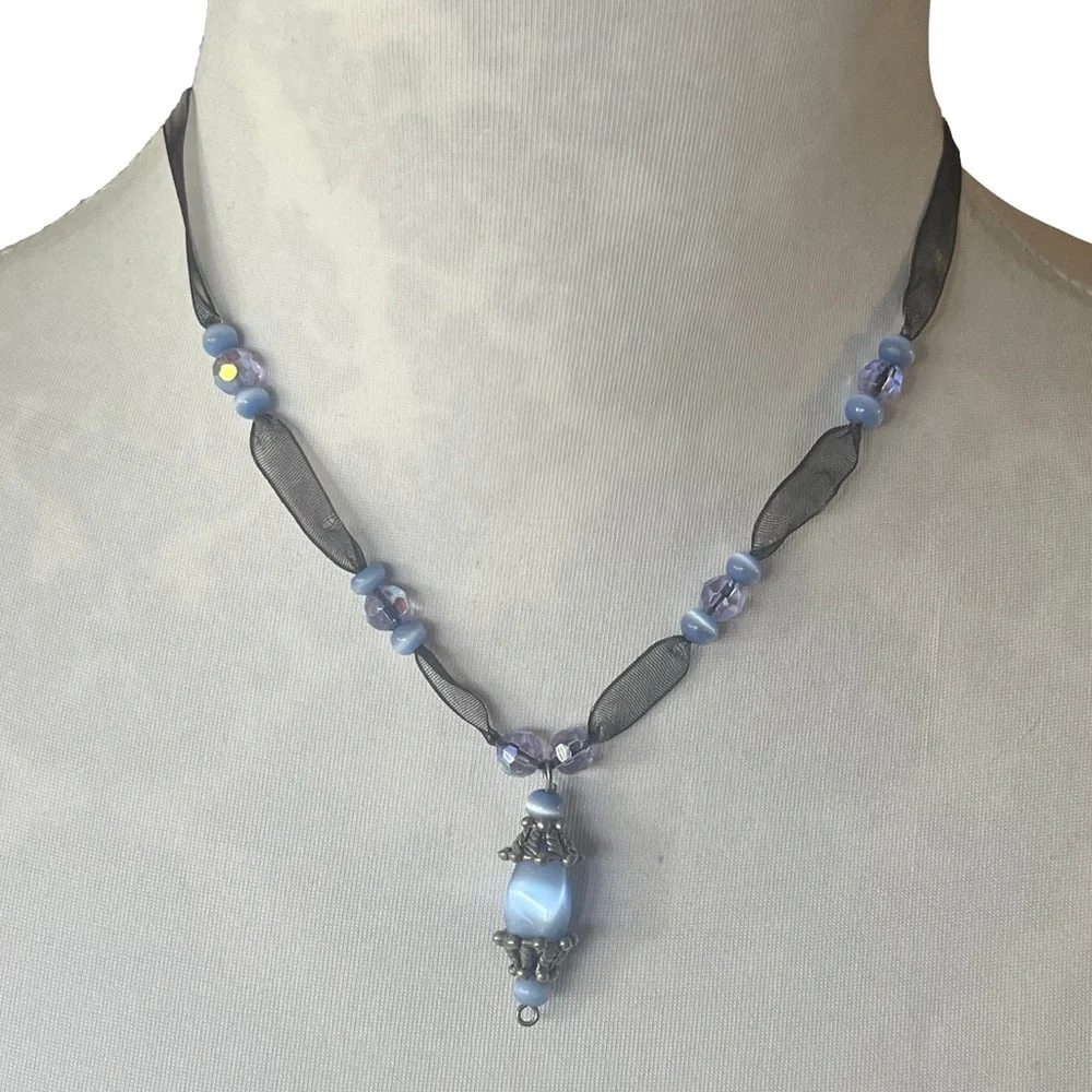 Blue Glass Bead & Ribbon Pendant Necklace